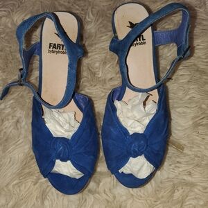 Anthropologie Farylrobin Women's Knotted Blue Suede Strappy Open Toe Wedges 6